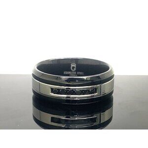 Men's Wedding Band Stainless Steel Black Gemstones 8.8mm Wide Ring Size 11.5